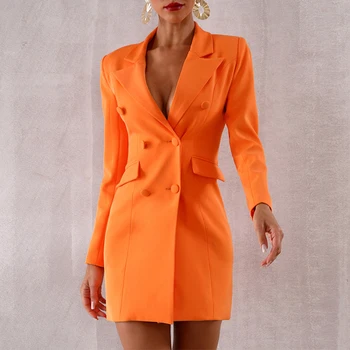 

Seamyla 2020 New Orange Deep V Notched Slim Blazers Elgant Double Breasted Women Coats Sexy Slim Summer Casual Out Wear Vestidos