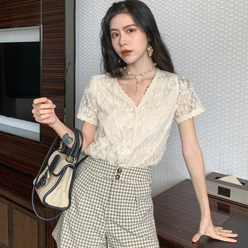 

Blouse Women Tops Fashion Lace Short Sleeve kimono Sexy V-Neck Tops Summer Casual Shirt Blouse blusas mujer de moda 2019