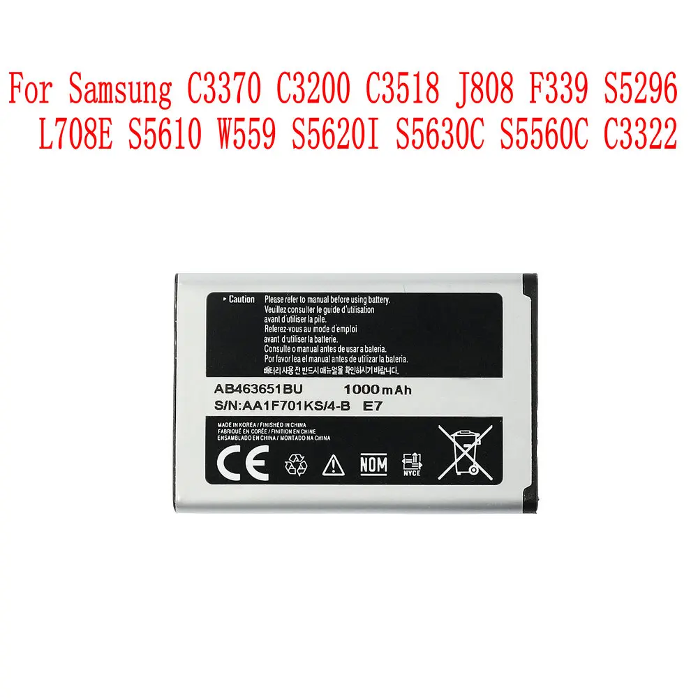 Оригинальный аккумулятор AB463651BU 960 мАч для Samsung C3370 C3200 C3518 J808 F339 S5296 L708E S5610 W559 S5620I S5630C