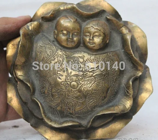 

Old Chinese Dynasty palace Bronze 2 boy dragon phoenix Statue lotus inkstone R