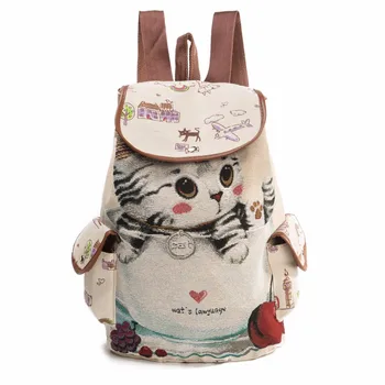 

Cute Cat Printing Backpack for Teens Girl Rucksack Women Canvas Drawstraw School Bags Bookbag Travel Daypack Kitty Japanese Bags