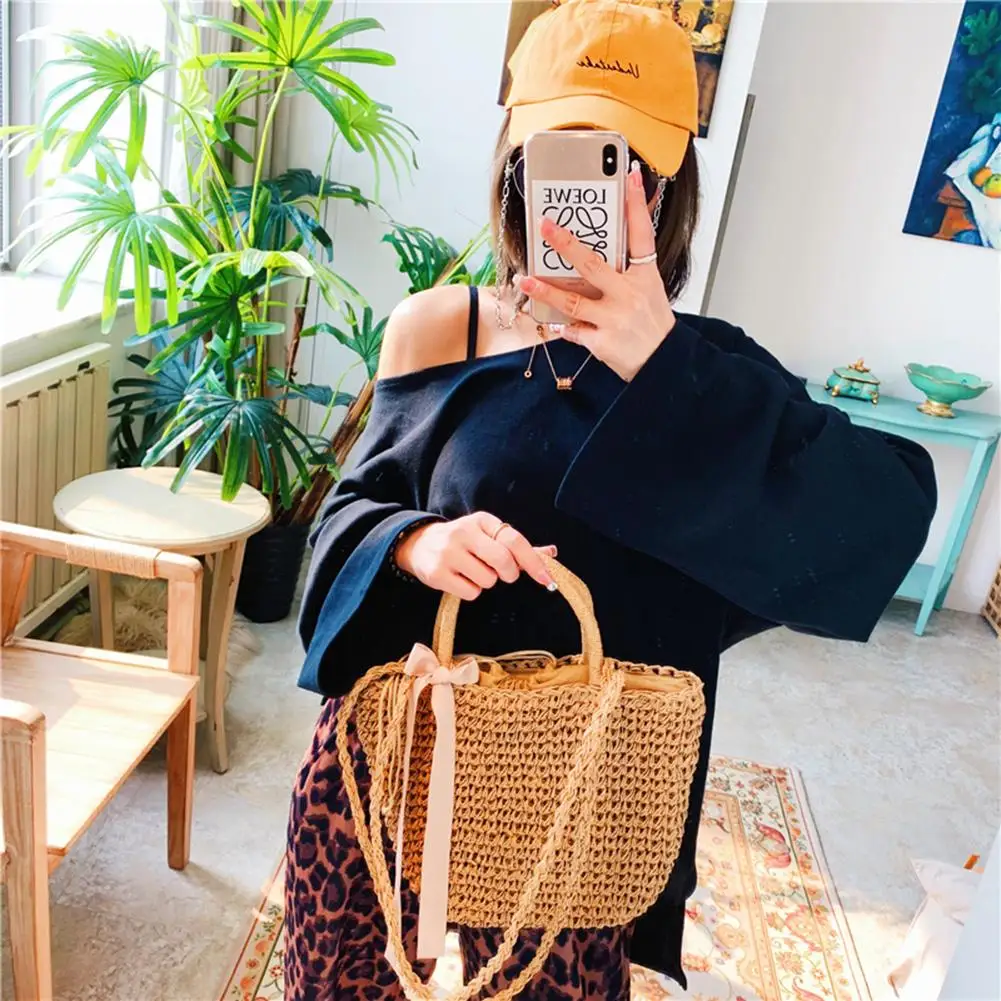 

Bohemia Summer Beach Travel Women Bow Ribbon Straw Weaving Tote Shoulder Bag