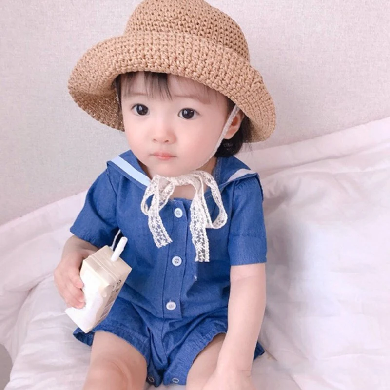 

New 2019 Fashion Simple Style Kid Clothes Infant Baby Short Sleeve Rompers Kids Newborn Clothes Girls Boys Navy Denim Jumpsuit