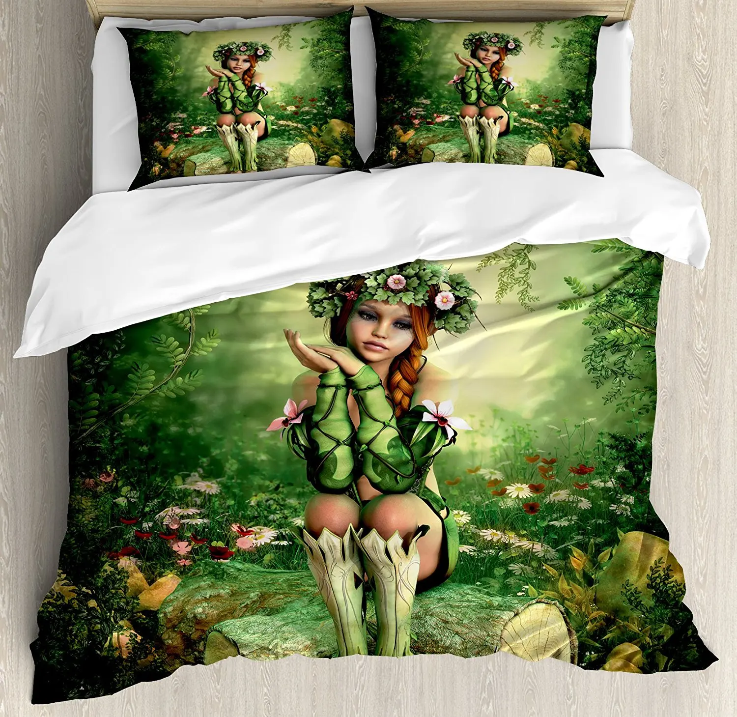 

Duvet Cover Set , Computer Art Elf Girl with Wreath on Her Head Sitting on a Tree Stump Fantastic, 4 Piece Bedding Set
