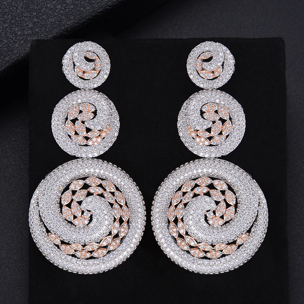 

64mm Popular Round Pierced Geometry Three Round Circle Hollow Pendant Cubic Zirconia Dangle Drop Earrings For Women Girls