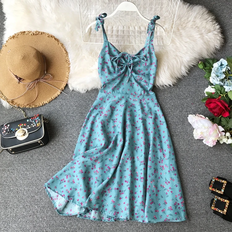 

Girls Floral Summer Dress Spaghetti Strap Bow Dresses Sexy Women V-neck Sleeveless Beach Stretch Holiday Dress Vestidos