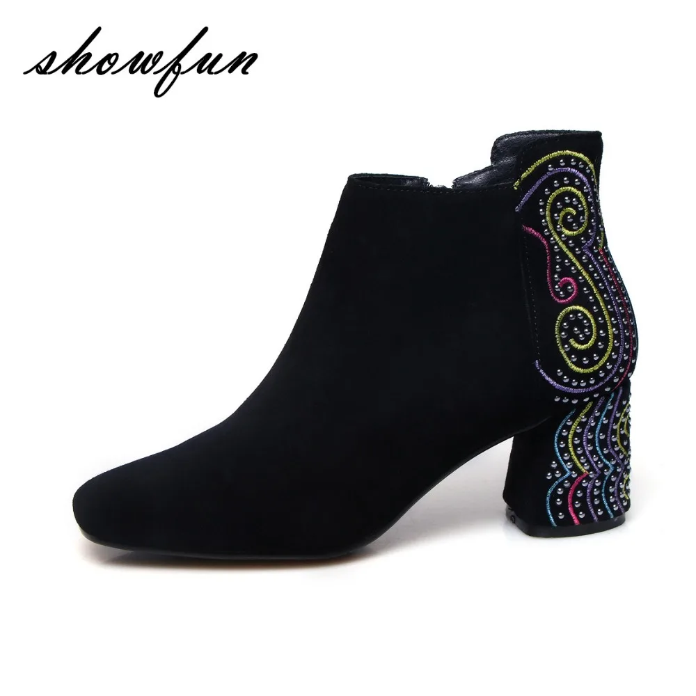 Women s Genuine Suede Leather Totem Embroidery Rivet Autumn Ankle Boots Brand Design High Quality Square