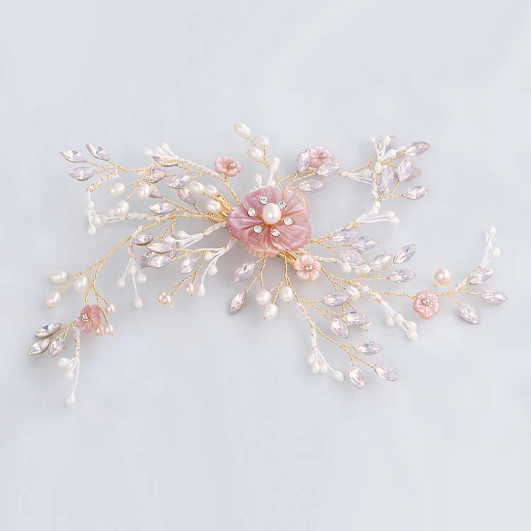 

Dower me Pink Natural Shell Flower Bridal Hair Jewelry Clip Golden Headpiece For Women Prom Pearl Wedding Hair Jewelry