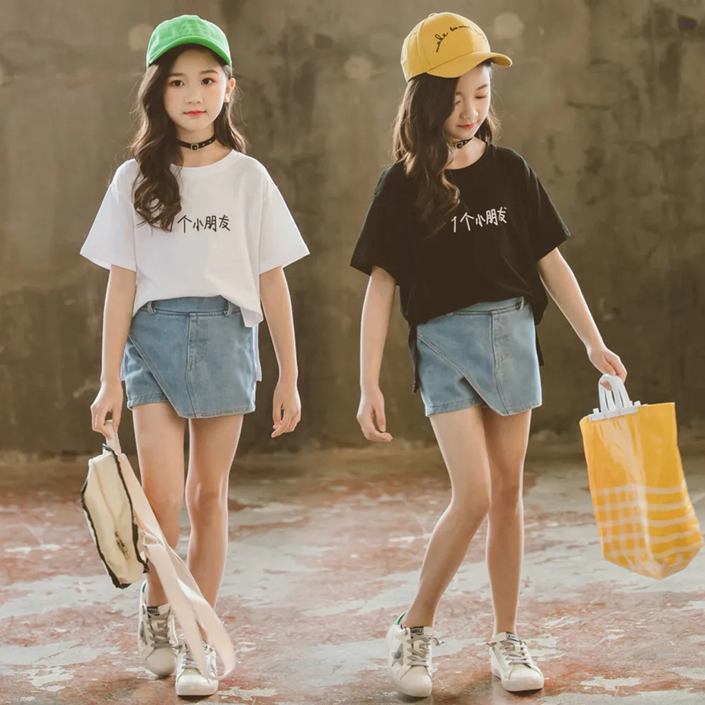

Teenage Girls Clothing Set 2019 Summer Chinese Text T Shirt Denim Shorts Girl Outfits Kids Children Clothes 3 5 7 8 13 Years