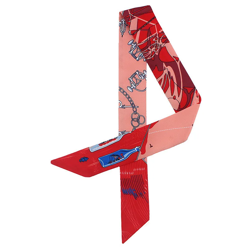 

POBING Design Lucky Bottle Print Silk Scarf Women Head Scarf Brand Small Tie Handle Bag Ribbon Long Scarves Female Wraps 100*5CM