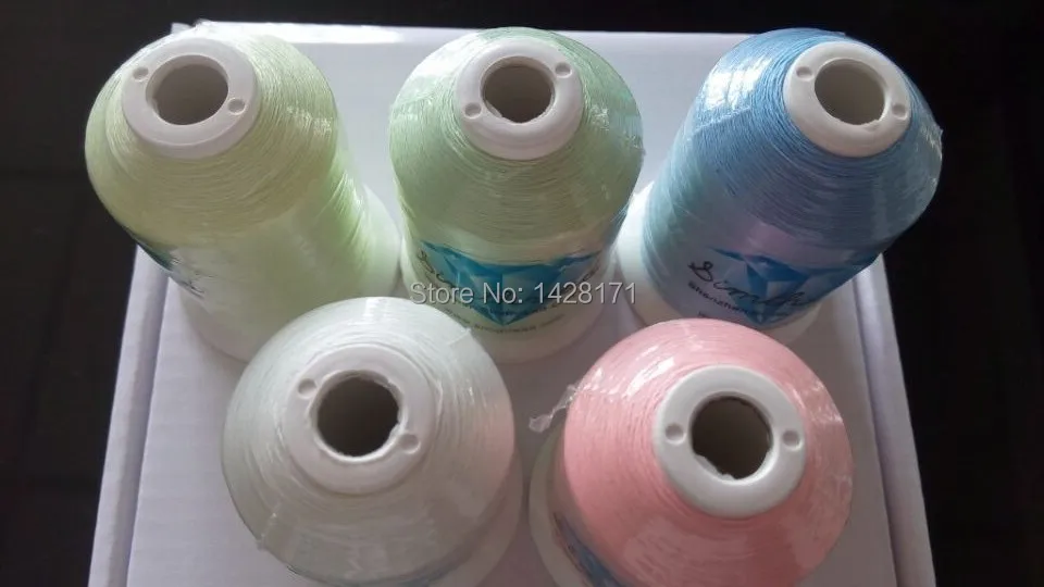 

Simthread Brand hot selling 5 pcs 1000m nylon glow in the dark thread embroidery thread with free shipping.