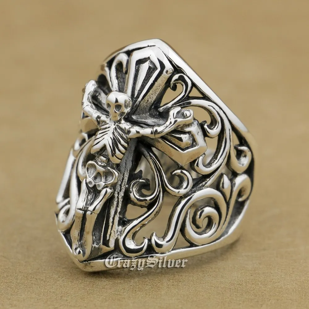 

925 Sterling Silver Cross Skull Mens Biker Rocker Ring 9W006 US Size 7.5 to 13