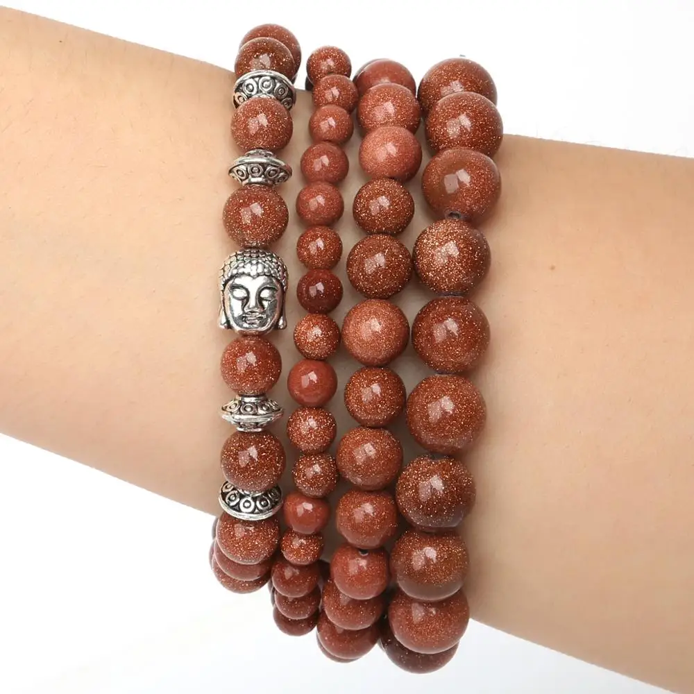 Pulsera con cuentas de arena dorada para mujer y hombre, abalorio con cuentas naturales de 6mm, 8mm y 10mm, el mejor regalo para Amiga