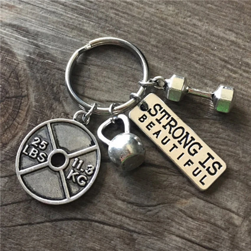 

Vintage Silver Barbell Dumbbell Fitness Gym Keychain Key Finder With Strong Is Beautiful for Lovers' Men Key Ring Accessories
