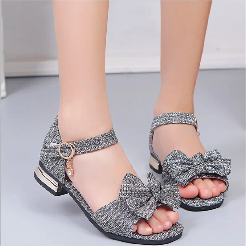 CN 26-36 Pink Black Gray Fashion High-quality Designer Summer Korean Butterfly-tie Girls Sandals Baby Kids Princess Shoes - Цвет: Серый