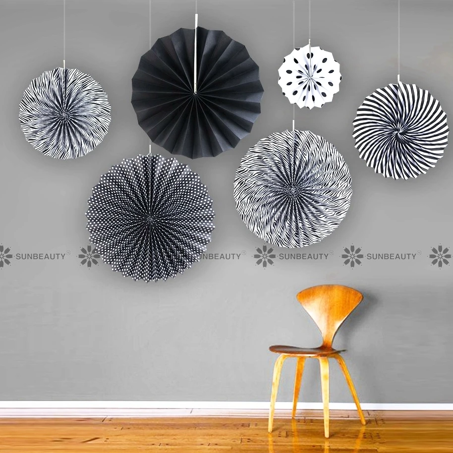 6 pcs/set Black Paper Fan Backdrop Pinwheel Garland Party Fans for Wedding Birthday Shower Everyday Decoratian | Дом и сад
