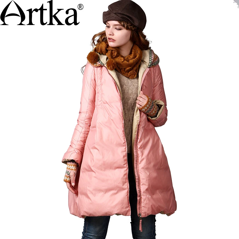 ARTKA Women Coat Long Down Jacket Female 90% Duck Down Parka With Hood 2018 A-Line Thick Winter Down Coat With Gloves ZK17240D