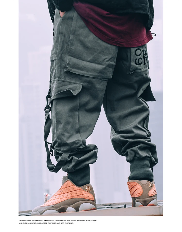 Расстроить японская сторона штаны карго с карманами мужские армейские в стиле «хип-хоп» мужской охотничий мужские брюки для бега Повседневное повседневные штаны