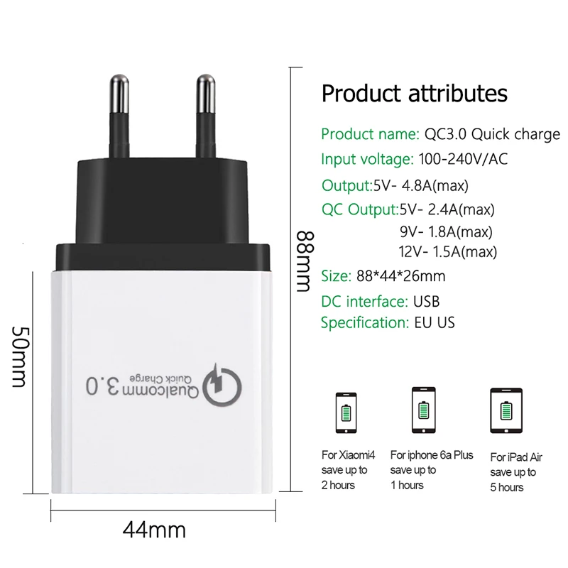 18 Вт USB Quick Charge 3,0 5V 3A для iphone 7 8 EU/US Подключите мобильный телефон быстро Зарядное устройство для зарядки для samsung huawei AC Мощность Зарядное устройство