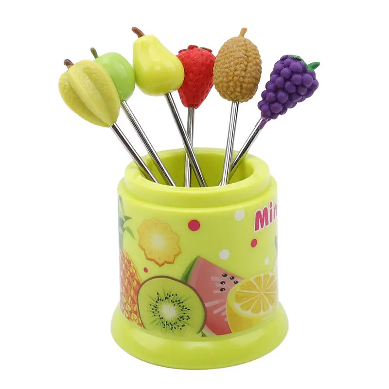 

Creative 6Pcs Kitchen Creative Cute Fruit Sign Stainless Steel Fruit Fork With Base Fork Fruit Food Picks Kitchen Accessories