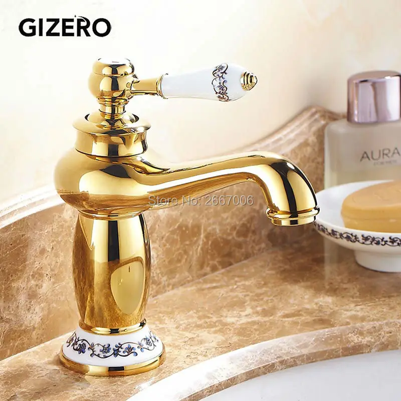 Gizero freeshipping الفاخرة النحاس صنبور النحاس الذهب إنهاء washbain السيراميك وحيد مقبض صنبور الحمام الغرور صنبور الماء GI460