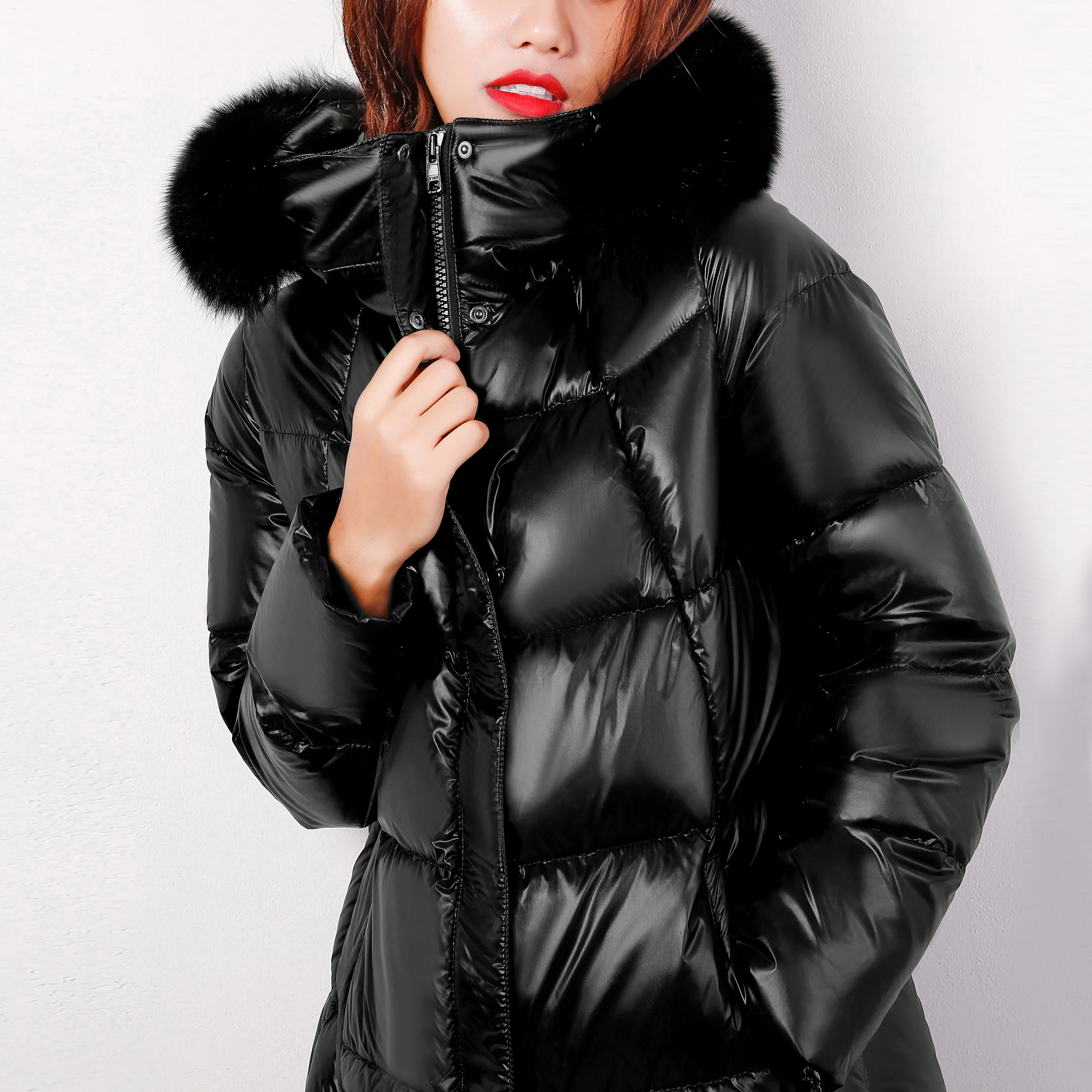 Tcyeek, Зимняя женская куртка, 90%, белый гусиный пух, пальто для женщин, большой, натуральный Лисий мех, с капюшоном, одежда, толстые, теплые пальто, куртки, LWL1049 - Цвет: black