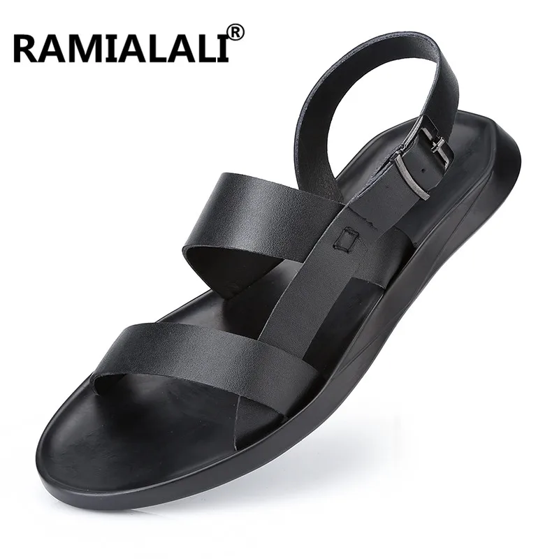 

Summer Black Genuine Leather Men Sandals Soft Male Sandals Shoes Breathable Light Beach Casual Shoes Beach Sandals