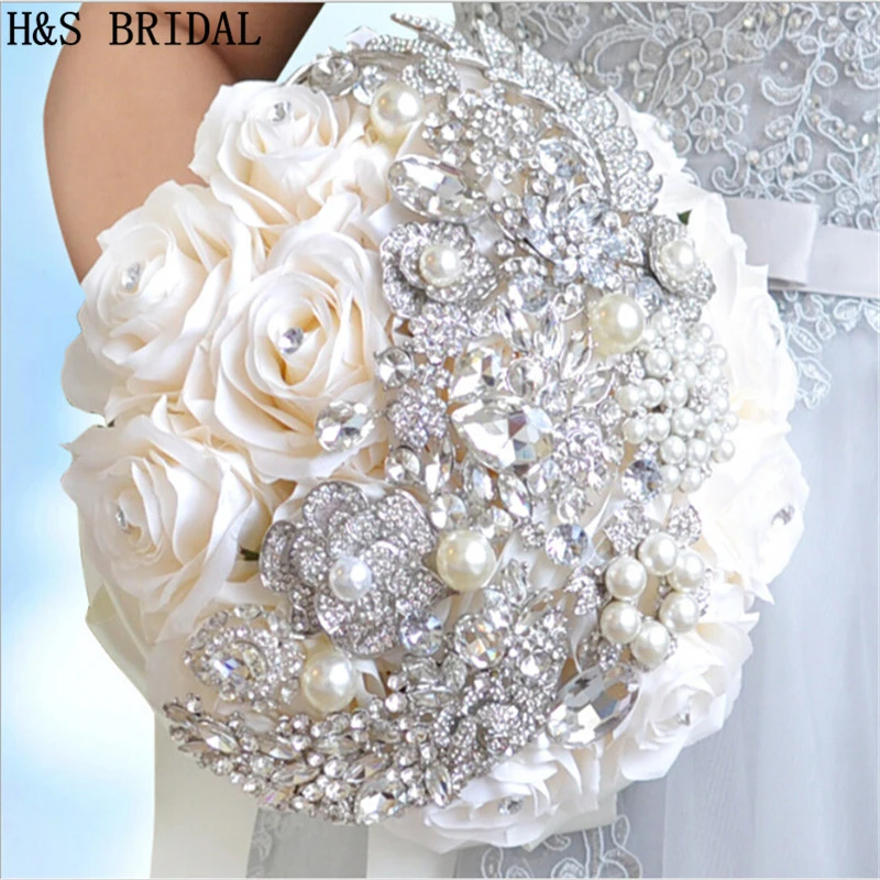 Ivory Artificial Satin Roses Crystals Wedding Bridal Bouquet Bride Hand Flower Ivory Artificial Satin Roses Crystals Wedding Bridal Bouquet Bride Hand Flower