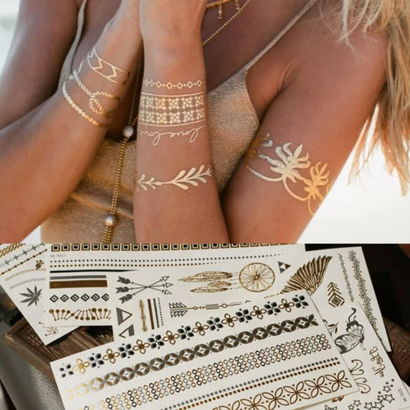 

12pcs Bikini Temporary Metal Tattoo Women Girl Flash Metallic Hot-stamped Gold/Silver Color Swimsuit Necklace Bracelet Tattoo