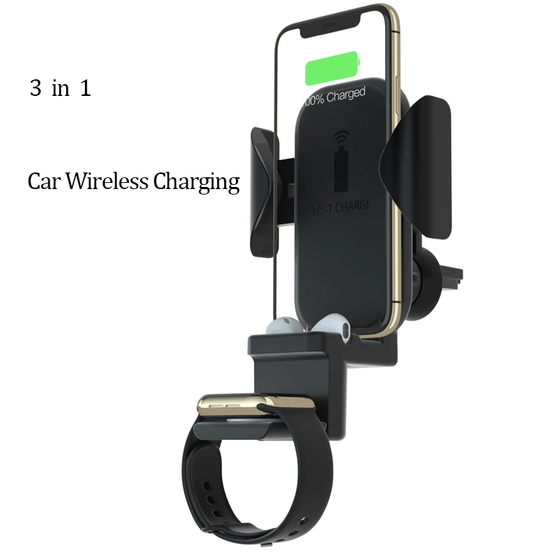

3 in 1 Car Fast Wireless Charger for iPhone Xs Max 10W Vehicle Charging for Apple Watch 1/2/3/4 for Airpods for Samsung Galaxy