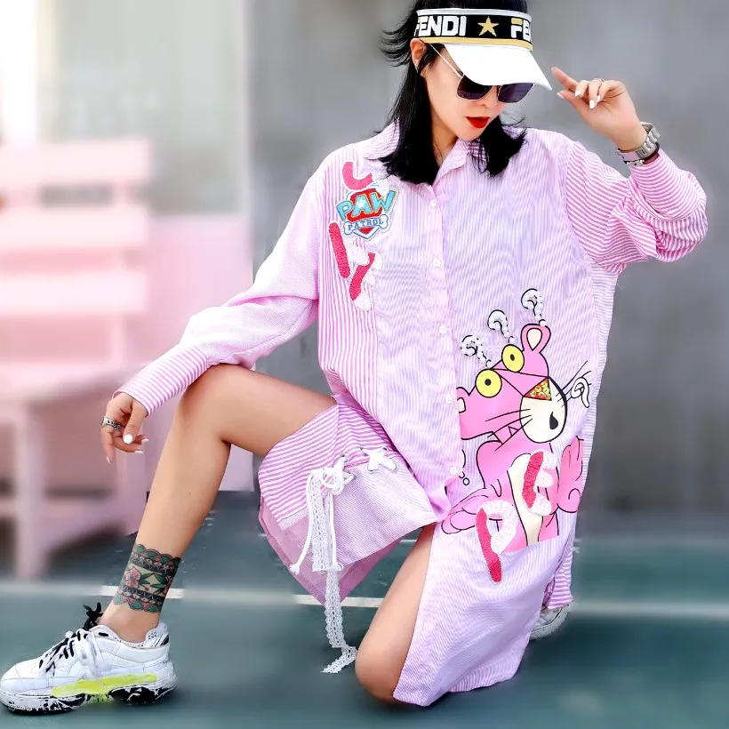 

Preppy Style Spring Summer Women Nice Cartoon Letter Sequins Stripped Spliced Maxi Blouse Shirts New Casual Lace Up Tops NS427