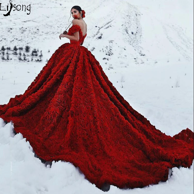 

Gorgeous Dark Red 3D Flowers Pleated Ball Gowns Formal Dress for Party Custom Made High Quality Bridal Unique Evening Maxi Gowns
