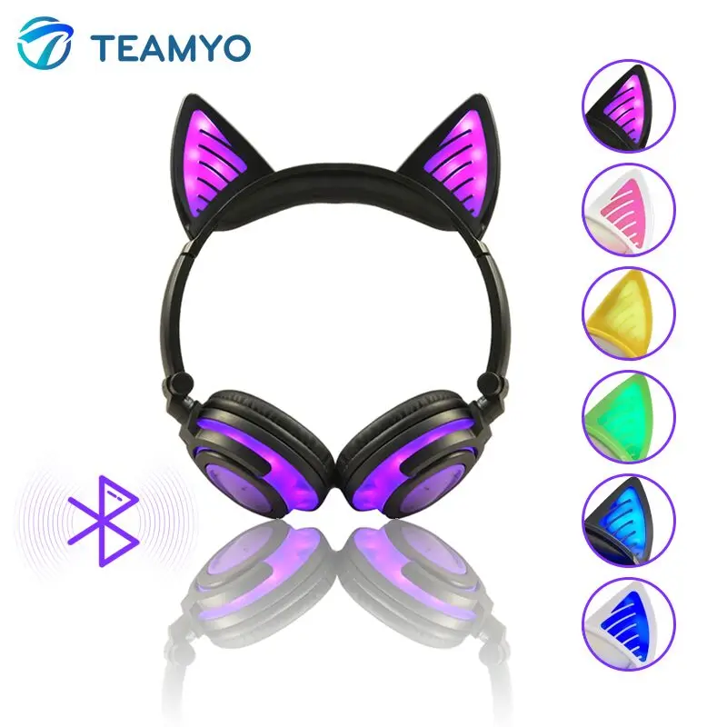 Teamyo Foldable Wireless Headphones Glowing Cat Ear Gaming Stereo