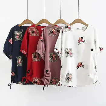 

New 2019 Spring Summer Women T Shirt Oversized Big Plus Size Ladies cotton linen Casual O Neck Embroidery Tee Shirts