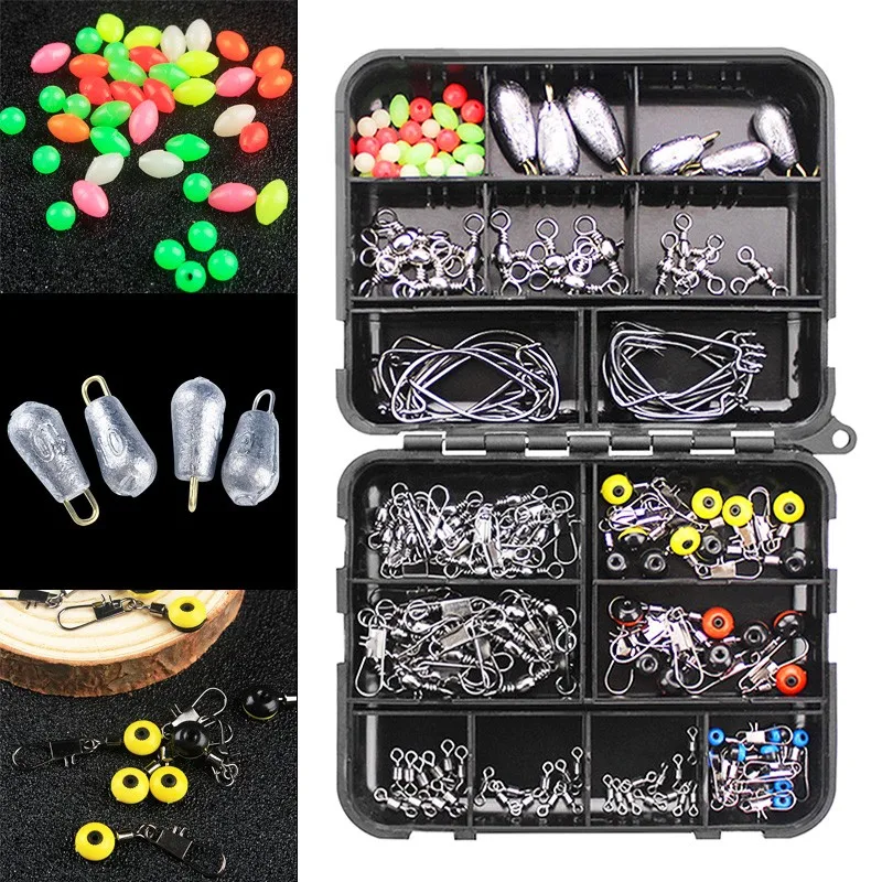 

160pcs Fishing Accessories Kit Including Crank Hook Snaps Rolling Swivel Fishing Connector Luminous Fishing Beads Sinker Weights