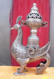 

China bronze coated silver phenix pheonix statue censer incense burner holder 35