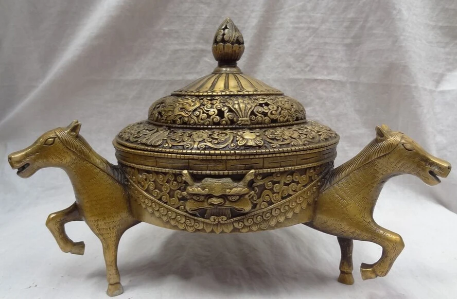 

USPS to USA S1191 12" Chinese Bronze Dragon Head Statue Buddhism 3 Horse Leg Incense Burner Censer B0401