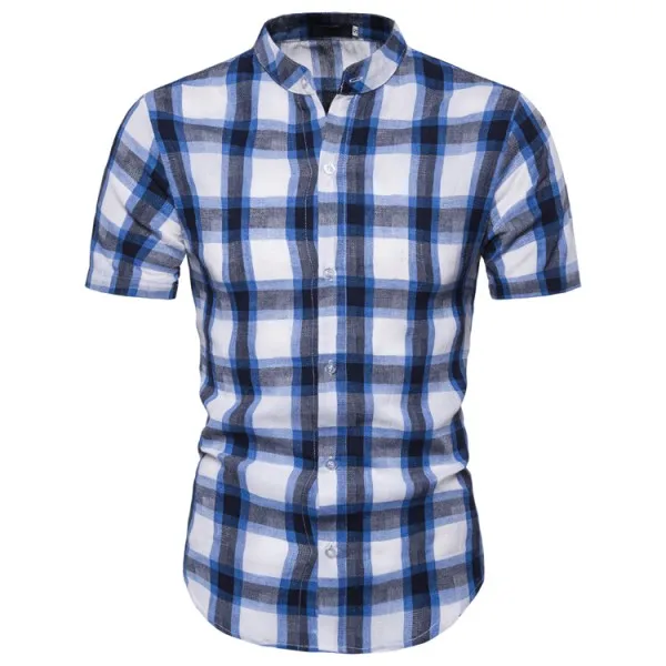 blue black palid Винтажные клетчатые рубашки мужские с коротким рукавом Гавайский праздник мужские рубашки с воротником-стойкой европейский размер летняя хлопковая рубашка мужская - Цвет: blue black palid