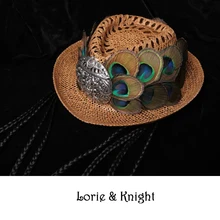 Ручной работы Павлин перо и китайский этнический миао Серебряная ковбойская соломенная шляпа-котелок с плетеной веревкой