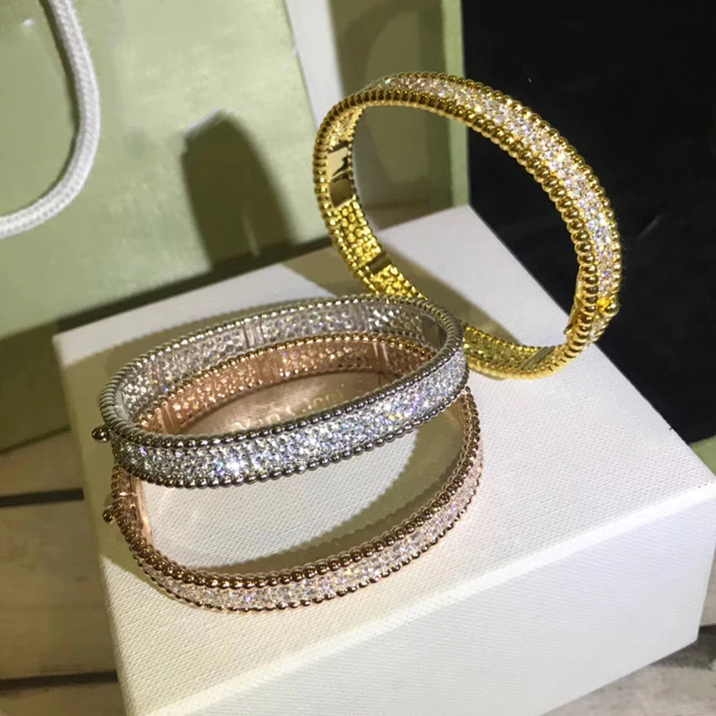 

Fashion Brand Party Jewelry For Women Gold Color Full Stone Bangle Rose Gold Clover Bangle Wedding Jewelry Around Beads Bangle