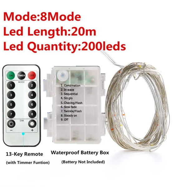 Christmas 33Feet 100 Led Fairy String Lights with Battery Remote Timer Control Operated Waterproof Copper Wire Twinkle Light 20m 20m 200led 8mode