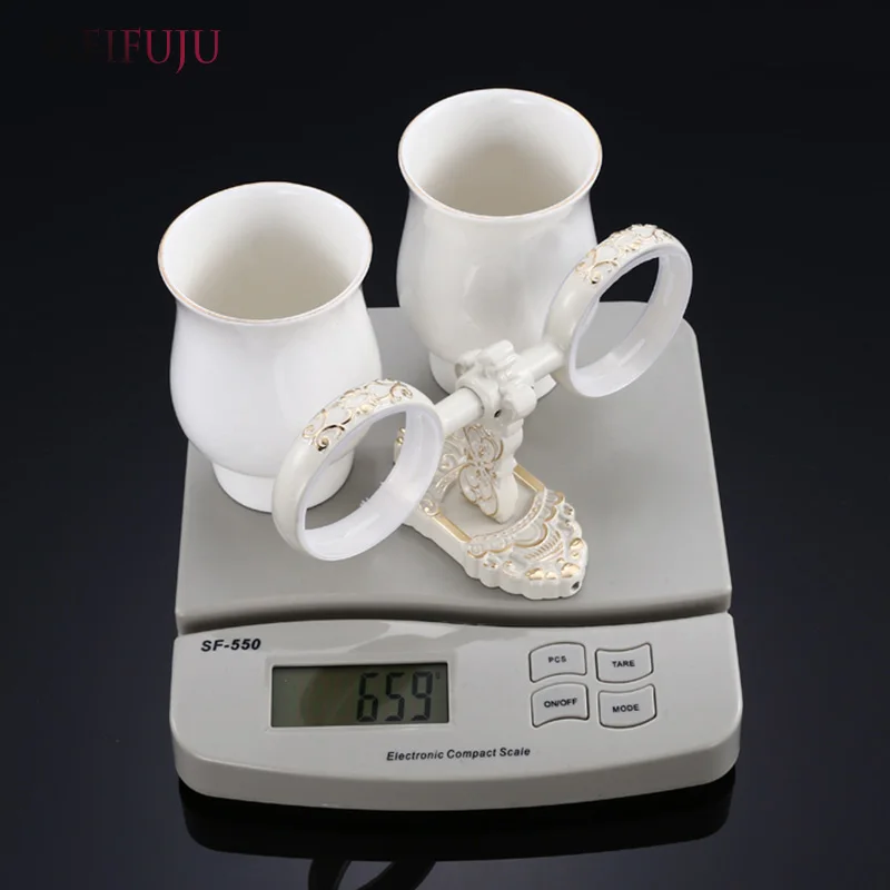 MEIFUJU Aluminum Antique Tumbler Toothpaste Toothbrush Holder with Double Ceramics Cups Tumbler Holders White Wall Mounted