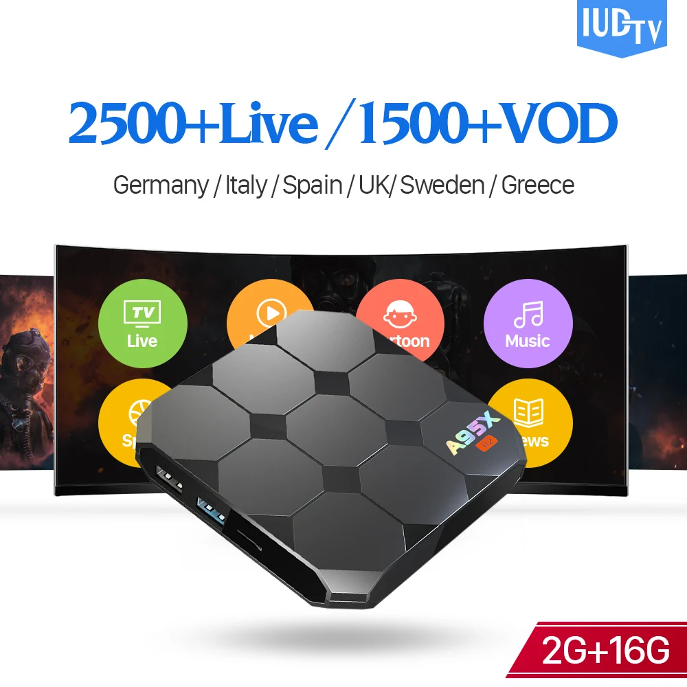 

IPTV Spain TV Receivers A95X R2 Android 7.1 S905W 2G 16G with IUDTV IPTV Subscription Europe Spain Italia Sweden Arabic IP TV
