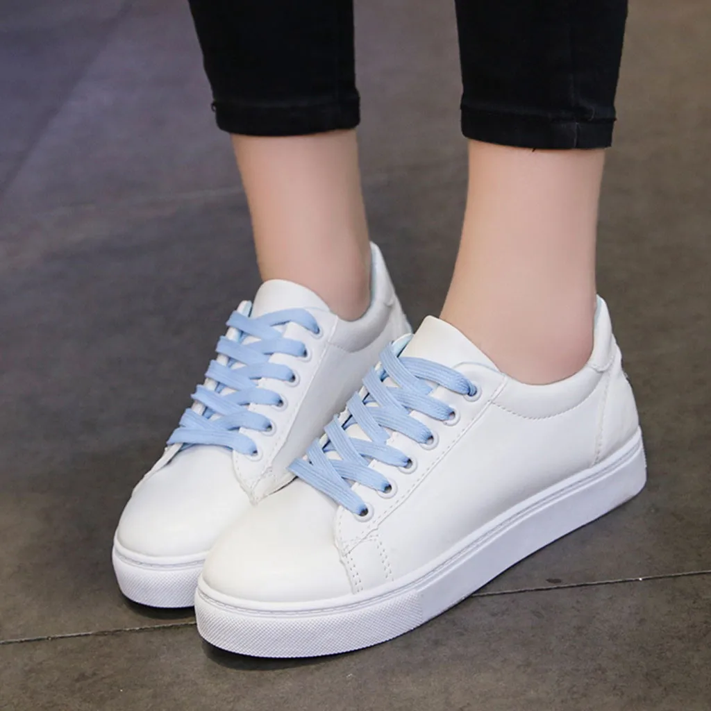 

MUQGEW NEW white shoes for woman Embroier Cartoon Cat Round Toe lace-up woman shoes Flat Sneakers Casual woman Shoes zapatos