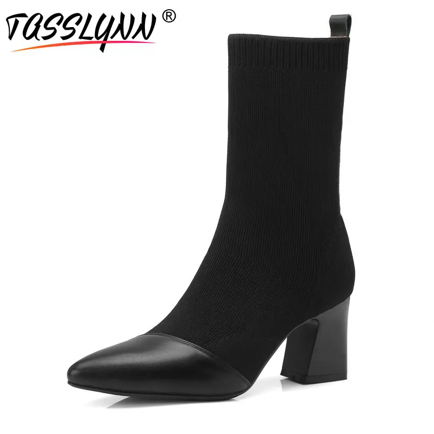 

TASSLYNN 2018 Women Winter Boots Pointed Toe Knitting Mid-calf Boots Square High Heels Autumn Shoes Women Boots Size 34-39