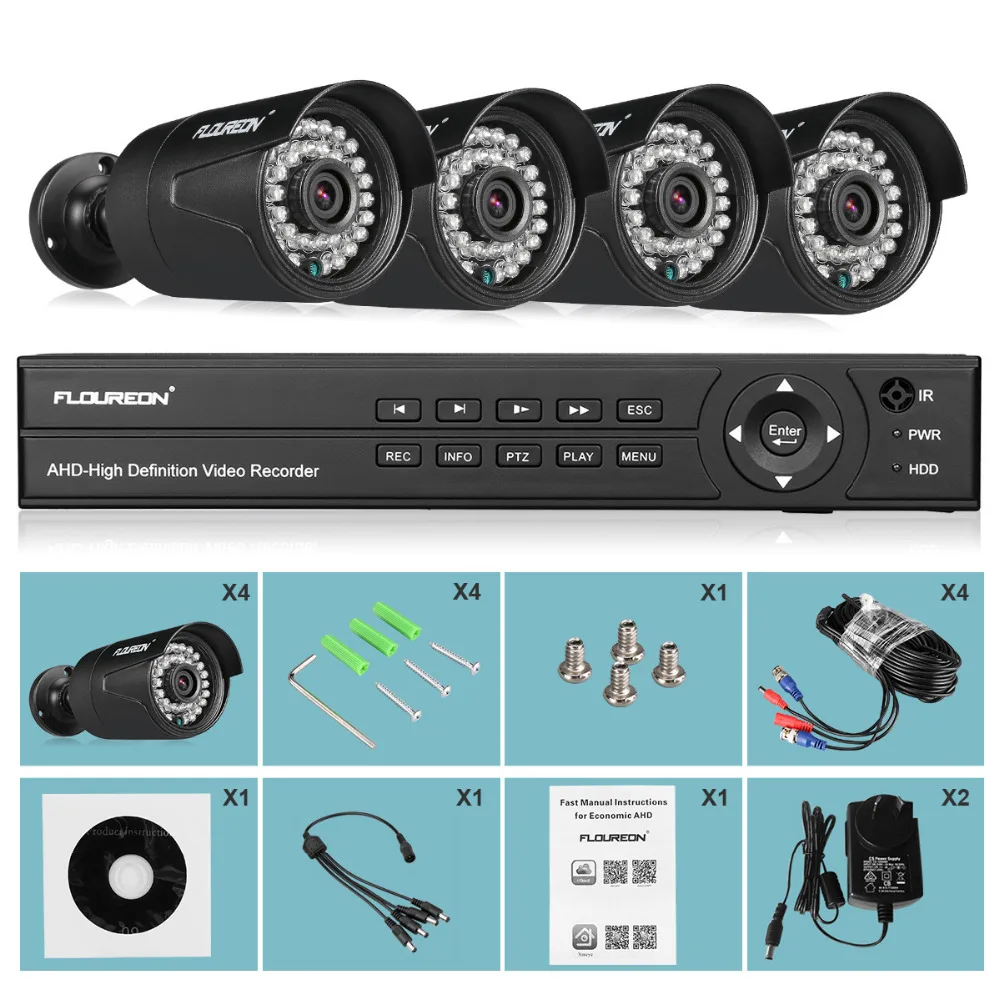 FLOUREON 10 шт. AHD 1080P 3000TVL PAL водонепроницаемый наружный CCTV DVR 2.0MP камера безопасности Система видеонаблюдения ночное видение