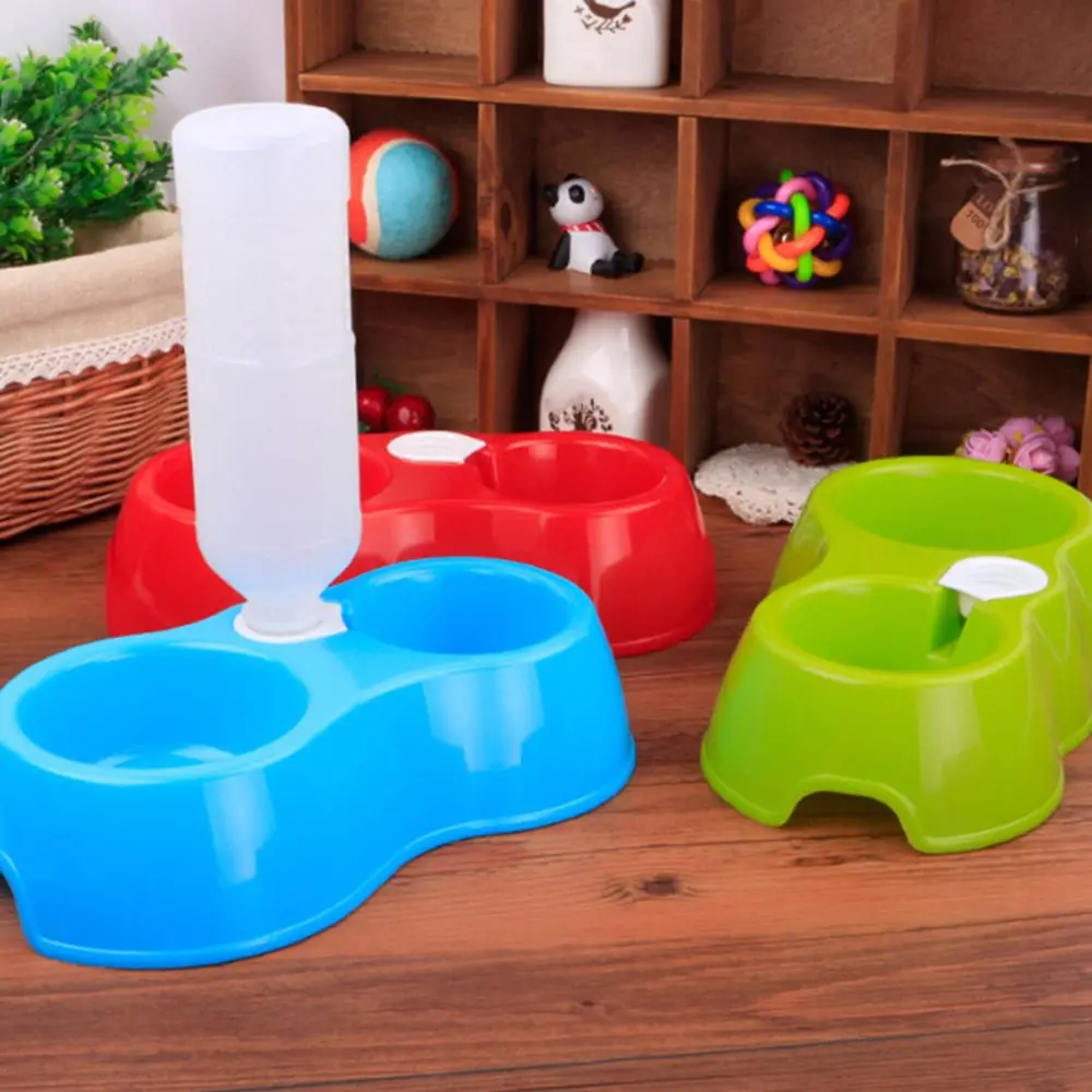 

New Lovely Plastic Automatic Feeder Water Drinking Feeding High Quality Basin Bowls For Cats Pet Dogs random color Dual Port