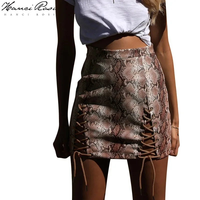

HANCI ROSI Summer Snake Print Pu Mini Skirt Lace Up Skirts Womens High Waist Jupe Hollow Out A Line Streetwear Loose Sexy