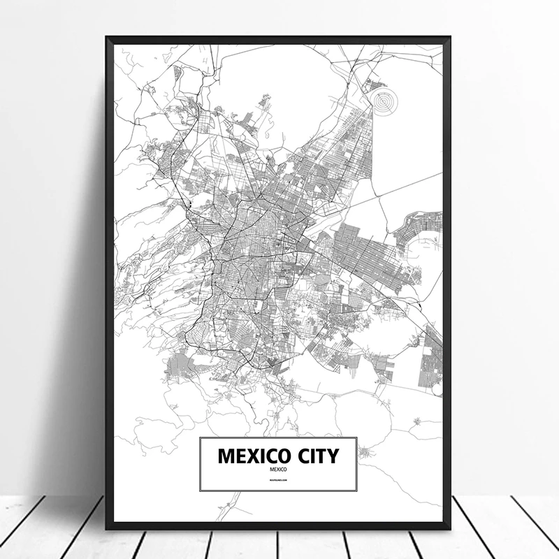 

Mexico City, Mexico Black White Custom World City Map Poster Canvas Print Nordic Style Wall Art Home Decor