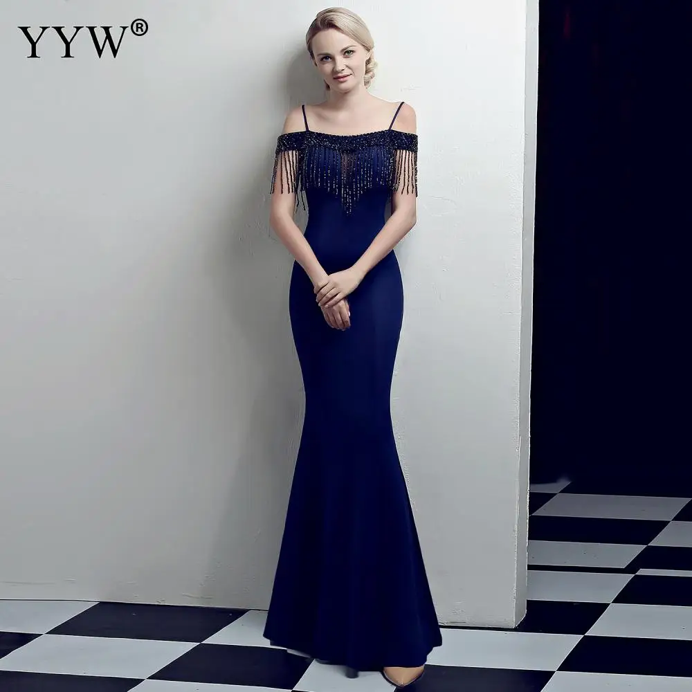 purplish blue Красный Бисер кисточкой длинное выпускное платье с русалочкой летние Для женщин вечернее платье без Плеч спагетти ремень элегантное облегающее, для клуба, для вечеринки, платье - Цвет: purplish blue